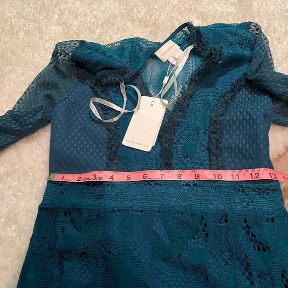 NWT $195 foxiedox | Gloria | Lace Dress with Sheer Arms in Sapphire & Teal Black - Picture 16 of 16